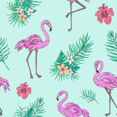 Fototapeta premium Vector trendy seamless pattern with flamingo, palm leaves, hibiscus and plumeria. Summer decoration print for wrapping, wallpaper, fabric. Seamless vector texture.