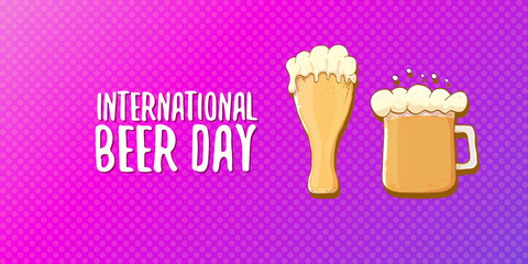 international beer day horizontal banner or poster with beer glass isolated on abstract violet background . Happy beer day vintage hand drawn greeting card or flyer