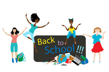 Girls on the background of blackboard, globe, books, laptop. Back to school. Knowledge day. Start of the school year.