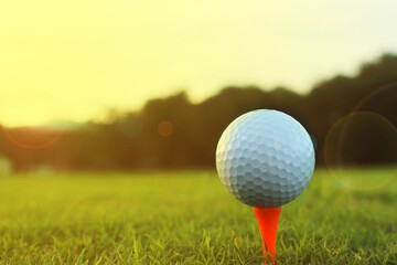 golf ball on tee in a beautiful golf course with morning sunshine