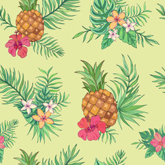 Vector trendy seamless pattern with pineapple, palm leaves, hibiscus and plumeria. Summer decoration print for wrapping, wallpaper, fabric. Seamless vector texture. 
