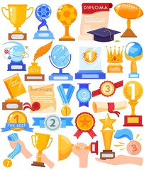 Award trophy winner gold cup vector illustration set. Cartoon flat human hands holding golden prize for win first competition place, victory reward diploma or sport achievement medal isolated on white