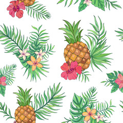 Vector trendy seamless pattern with pineapple, palm leaves, hibiscus and plumeria. Summer decoration print for wrapping, wallpaper, fabric. Seamless vector texture.