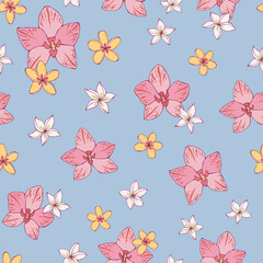 Fototapeta na wymiar Tropic vector seamless pattern with orchid and plumeria. Summer decoration print for wrapping, wallpaper, fabric. Seamless vector texture.