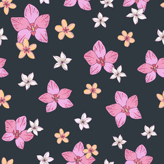 Tropic vector seamless pattern with  orchid and plumeria. Summer decoration print for wrapping, wallpaper, fabric. Seamless vector texture.