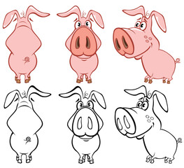 Vectorillustratie van een Cute Cartoon karakter varken voor je ontwerp en computerspel. Kleurboek overzichtsset