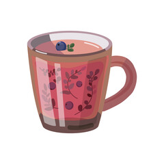 Vector illustration of a cup of tea with herbs in cartoon style. Leaves of forest herbs and berries are brewed with milk in a transparent mug.