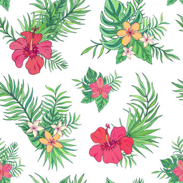Tropic seamless pattern with hibiscus, plumeria, orchid and tropical leaves. Summer decoration print for wrapping, wallpaper, fabric. Seamless vector texture. Tropical bouquet flowers.