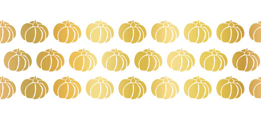 Golden pumpkins seamless vector border. Repeating faux metallic gold foil pattern design for Harvest festival or Thanksgiving day. Elegant autumn border