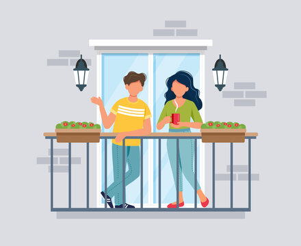 People On Balcony, Coronavirus Concept. Stay At Home During Epidemic. Cute Illustration In Flat Style