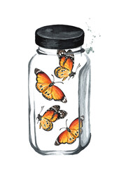 The butterflies are closed in a glass jar. The concept of a barrier, obstacle, or ban. Hand drawn watercolor illustration isolated on white background
