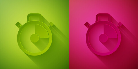 Paper cut Stopwatch icon isolated on green and pink background. Time timer sign. Chronometer sign. Paper art style. Vector Illustration.