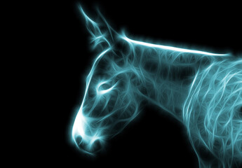Fractal image of a long-eared donkey on a contrasting black background
