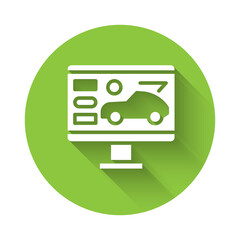 White Hardware diagnostics condition of car icon isolated with long shadow. Car service and repair parts. Green circle button. Vector Illustration.