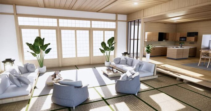 Sofa on empty room japanese design on tatami mat floor,3D rendering