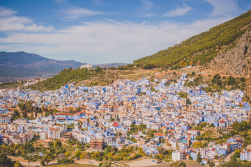 Blue town in Morocco, Chefchaouen. Famous blue city in north africa. Landscape panorama view on the mountain. 