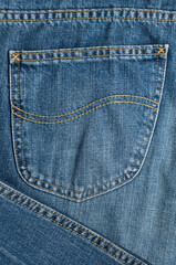 Fototapeta premium Blue Denim jeans close up detail. Textures and backgrounds. Fashion and casual trendy clothing
