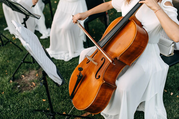 Woman wearing a maxi white dress, playing contra bass outdoors, close-up.