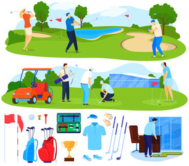 Naklejka premium Playing golf vector illustration set. Cartoon flat active players people play game on grass, golfer character hitting ball with club, healthy sport leisure activity, golf equipment isolated on white