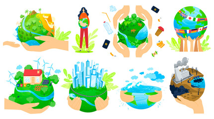 Planet in people hands vector illustration set. Cartoon flat human arm hands hold green globe, save earth planet ecology for better quality tomorrow life in future, eco hope concepts isolated on white