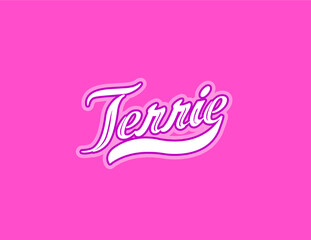 First name Terrie designed in athletic script with pink background