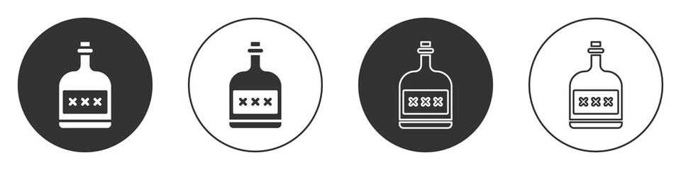 Black Alcohol drink Rum bottle icon isolated on white background. Circle button. Vector Illustration.