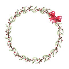 Сhristmas wreath frame of red berries and red bow. Watercolor hand drawing illustration, Greeting card invitation 