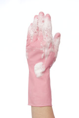 Hand in pink glove in soap foam white background