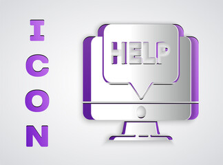 Paper cut Computer monitor and help icon isolated on grey background. Adjusting, service, setting, maintenance, repair, fixing. Paper art style. Vector Illustration.