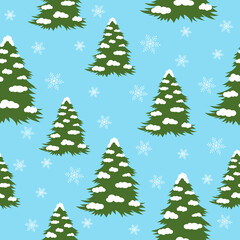 Obraz premium Seamless pattern winter Christmas trees in the snow with snowflakes vector illustration