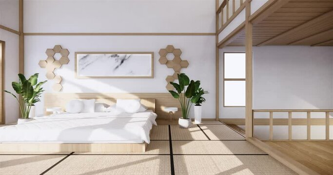 Home interior wall mock up with wooden bed on zen bedroom minimal design. 3D rendering.
