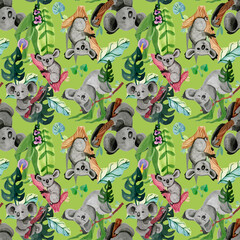 Koalas and tropical leaves green seamless pattern with wildlife animals