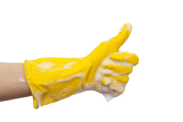 Hand in yellow rubber glove thumb up white background