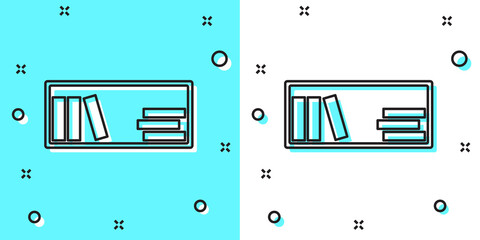 Black line Shelf with books icon isolated on green and white background. Shelves sign. Random dynamic shapes. Vector Illustration.