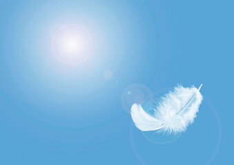 Light fluffy a white feather floating in the sky. Feather abstract, freedom concept background.