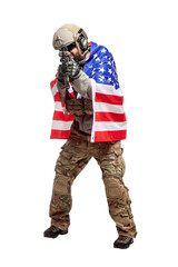 American soldier in uniform with usa flag on a white background, commando with weapons hero of...