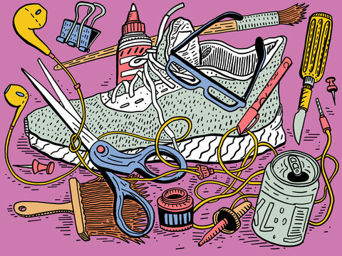 remote working, desk objects and organization