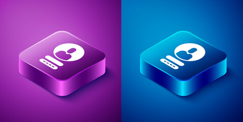 Isometric Create account screen icon isolated on blue and purple background. Square button. Vector Illustration.