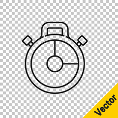 Black line Stopwatch icon isolated on transparent background. Time timer sign. Chronometer sign. Vector Illustration.