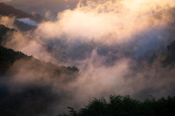 Magic foggy sunset in transylvaninan mountains.
