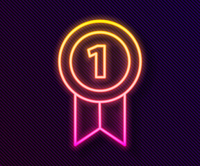 Glowing neon line Medal icon isolated on black background. Winner achievement sign. Award medal. Vector Illustration.