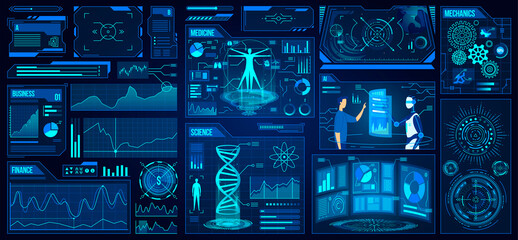 Futuristic UX UI user interface game design vector illustration set. Cartoon flat app gaming tech element collection, website creative platform for finance business medicine science future innovations © Seahorsevector