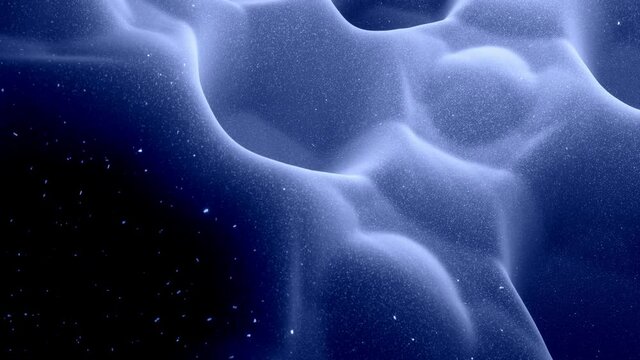 Stylish festive black bg. Fantastical abstract looped background, waves move on glossy surface like landscape made of liquid blue wax with sparkles. Beautiful soft background with smooth animation 4k