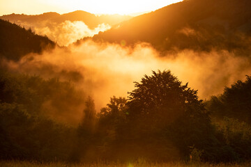 Magic foggy sunset in transylvaninan mountains.