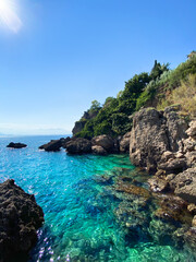 Antalya platform beach, a view of the rocky coast. Antalya, Turkey