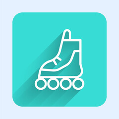 White line Roller skate icon isolated with long shadow. Green square button. Vector Illustration.