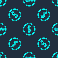 Green line Coin money with dollar symbol icon isolated seamless pattern on blue background. Banking currency sign. Cash symbol. Vector Illustration.