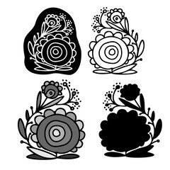 Isolated vector design set of silhouettes lined decorative abstract flowers on white background