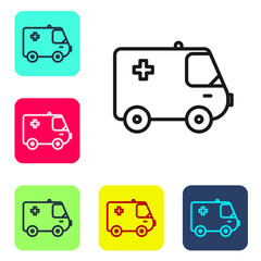 Black line Ambulance and emergency car icon isolated on white background. Ambulance vehicle medical evacuation. Set icons in color square buttons. Vector Illustration.