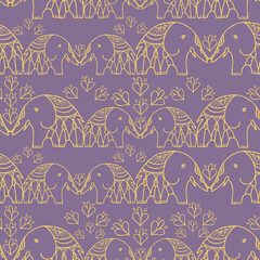 Seamless vector design pattern with lined elephants on purple background